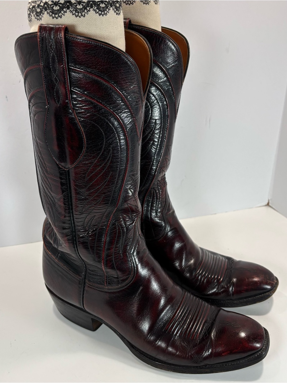 Vintage Lucchese Burgandy Black Cherry Leather Western Boots Sz 9D Embroidered